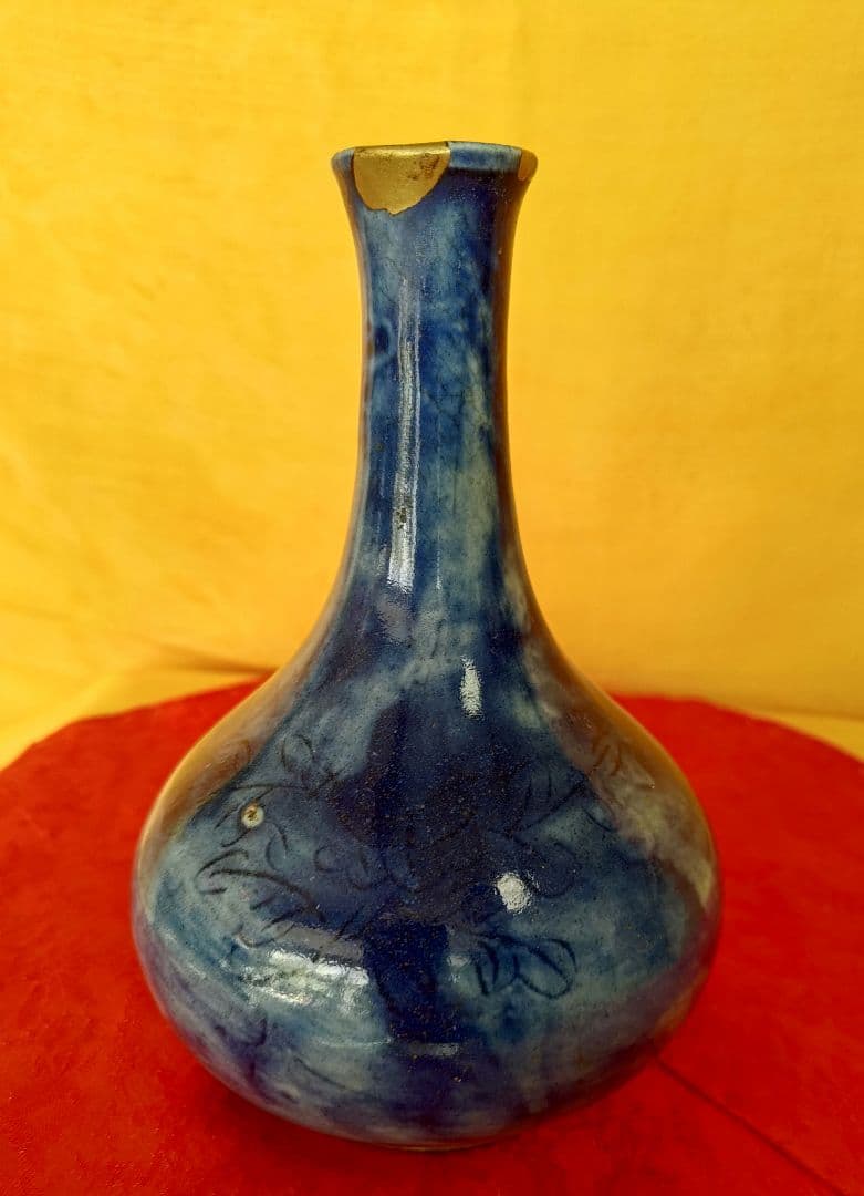 李朝瑠璃釉刻花紋 朝鮮古陶磁器 朝鮮美術 一輪挿 花器 金継ぎ 16㌢ 木箱入