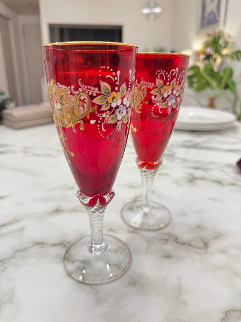 ヴェネツィアングラス 2個セット｜ヴェネツィアグラス 赤と金のガラス製2個