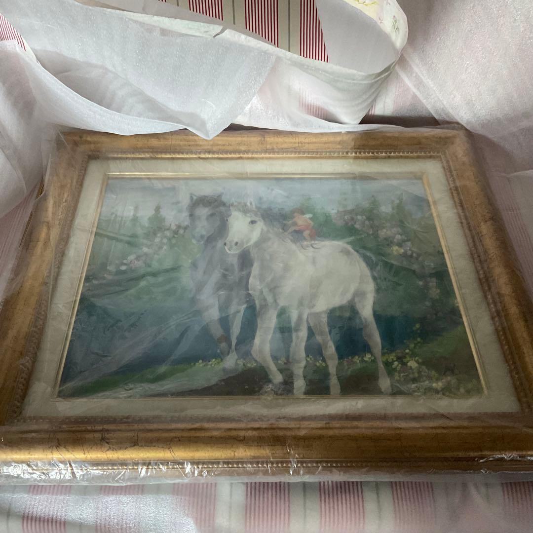 絵画 油絵 板谷モア 二頭の馬とキューピッド 額装 サイン 限定作品