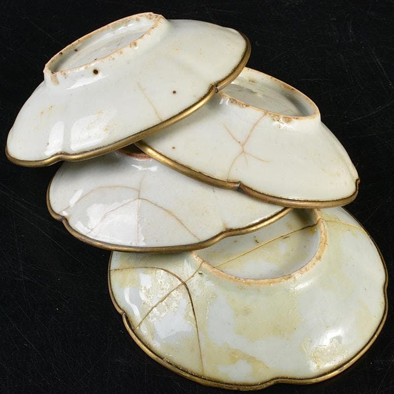 中国 徳化窯 白磁 銅覆輪 輪花皿 四客 V R7320