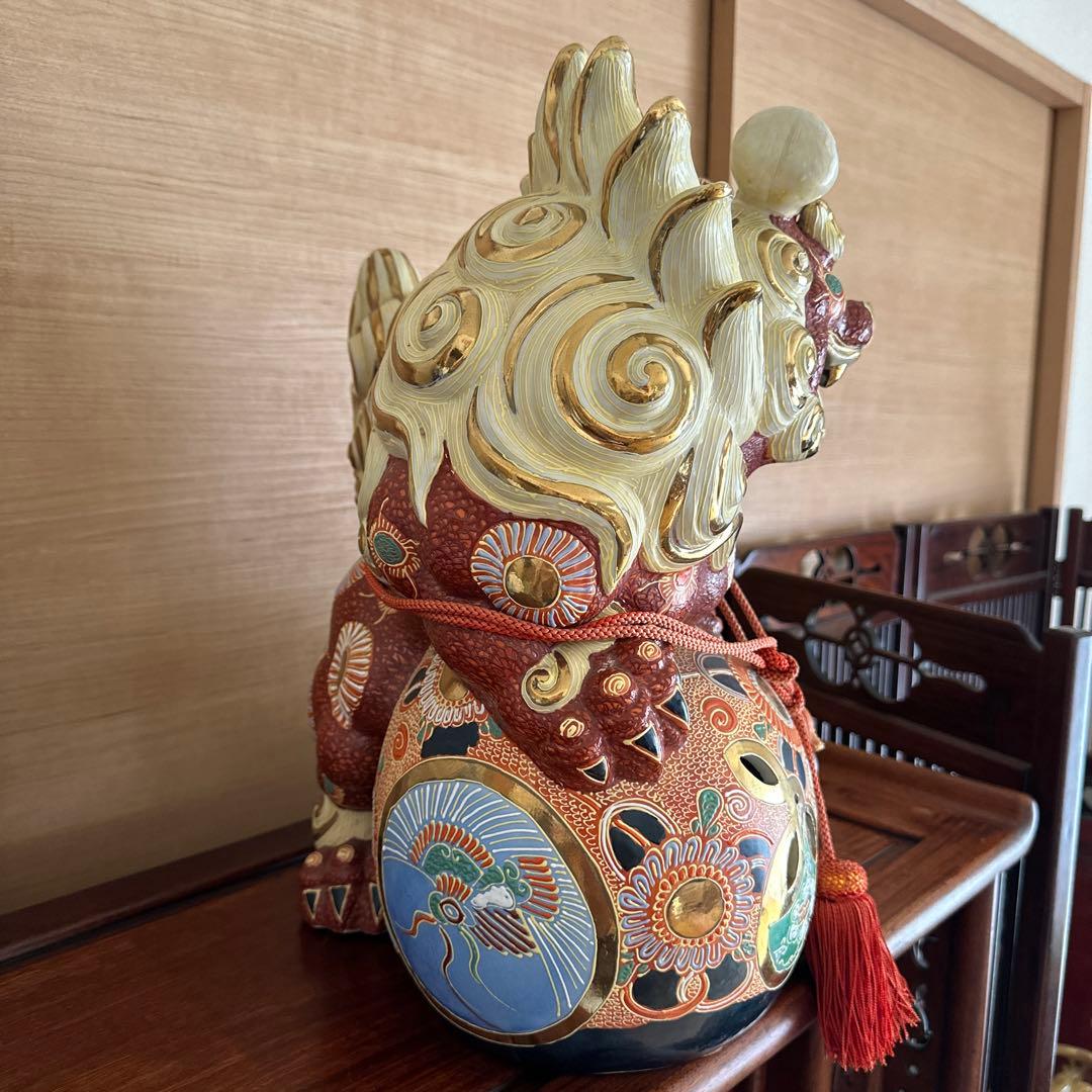 希少 九谷焼 金彩盛絵玉乗り獅子 風水 開運 特大陶器 置物 日本陶芸伝統品