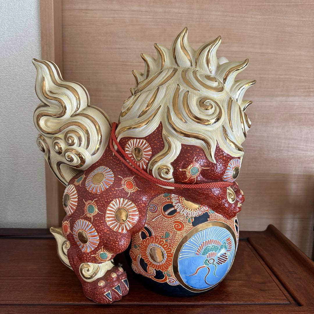 希少 九谷焼 金彩盛絵玉乗り獅子 風水 開運 特大陶器 置物 日本陶芸伝統品