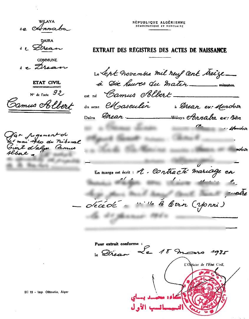 アルベール・カミュ出生証明書希少品