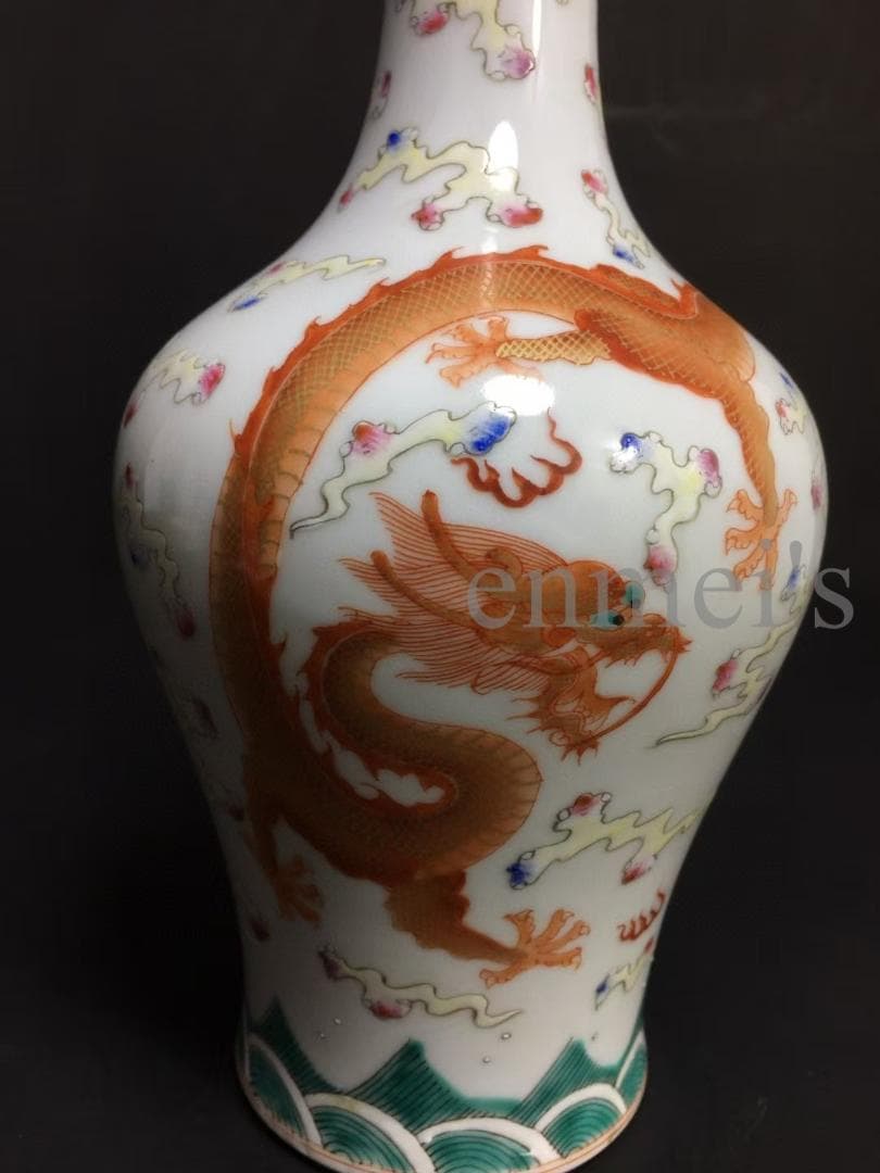 中国古美術・旧蔵乾隆御用款・珐琅彩鎏金瓶・龍鳳彩絵・陶磁器・花瓶・
