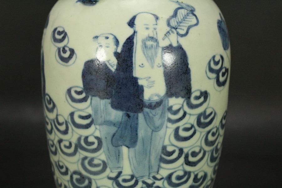 中国美術 青花 龍巻 仙人紋 瓶 高23.5cm(LC139)