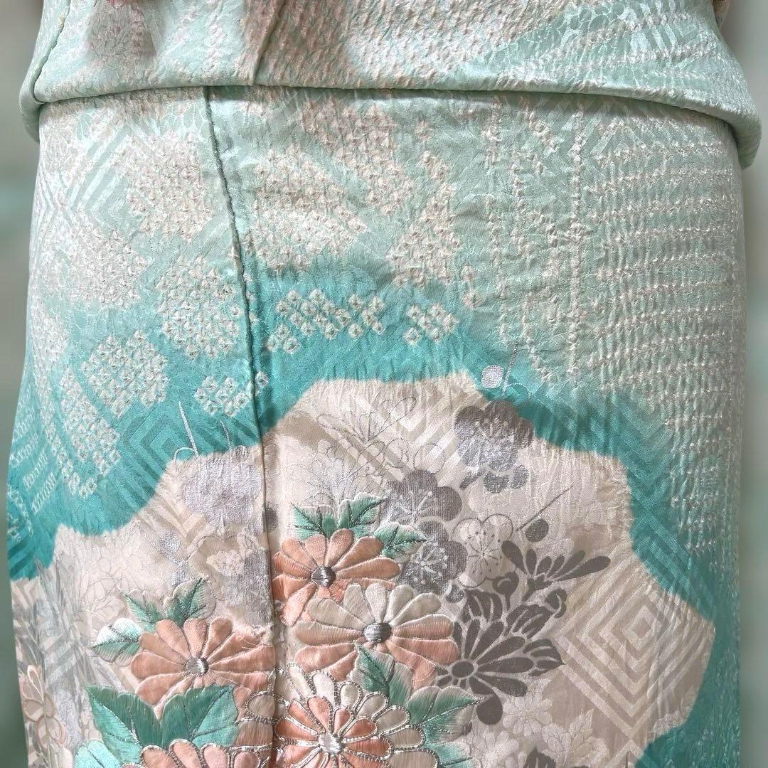 428 振袖フルセット 正絹 青緑 ピーコックグリーン 銀彩 駒刺繍 刺繍 絞り