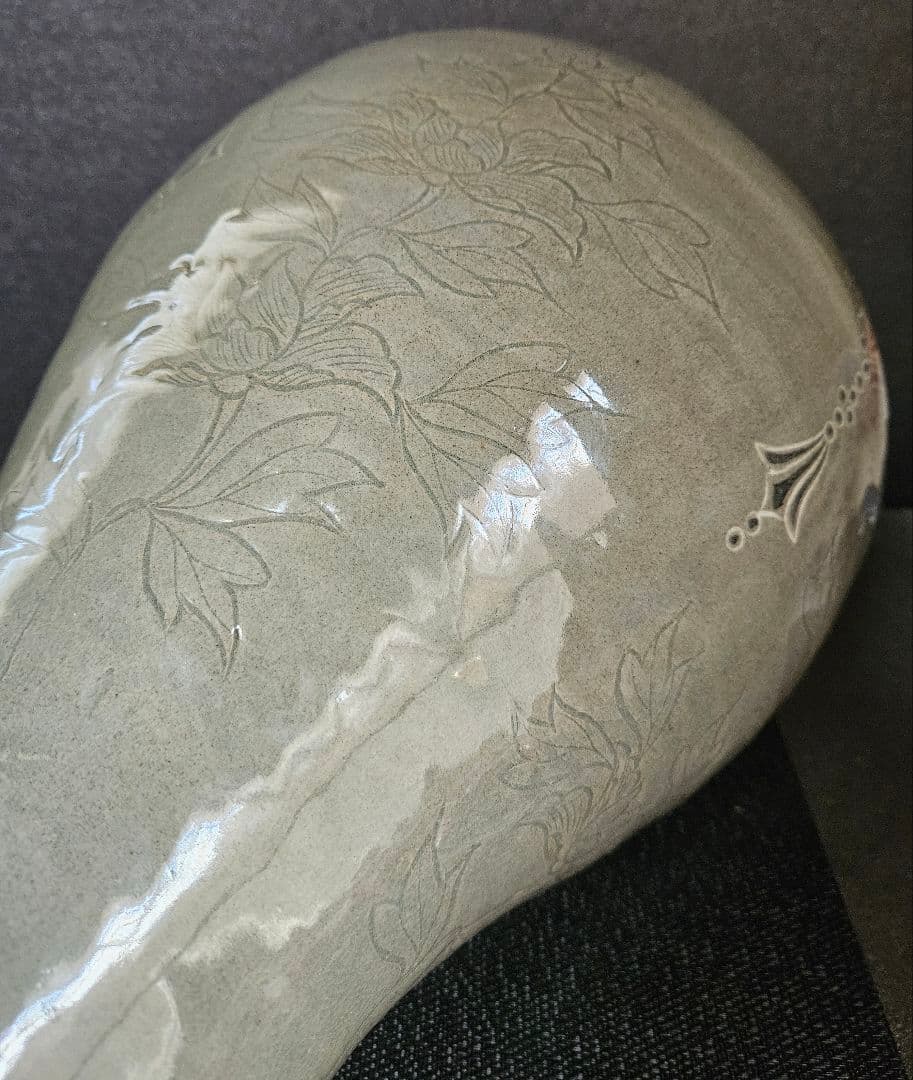 高麗青磁 象嵌 花唐草 瓔珞文様 陰刻牡丹図 大梅瓶 近代作品 高