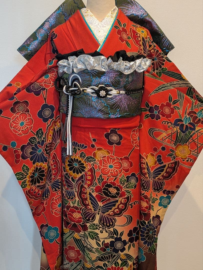 振袖フルセット 身丈165.5裄67.5 豪華振袖 朱色 暈し染め 逸品 成人式