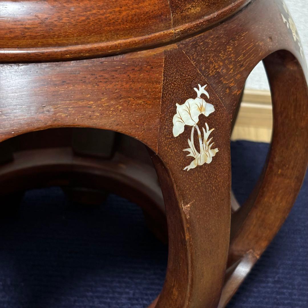 【美品】花梨 無垢 螺鈿細工 丸椅子 スツール 腰掛け 中国美術 工芸品
