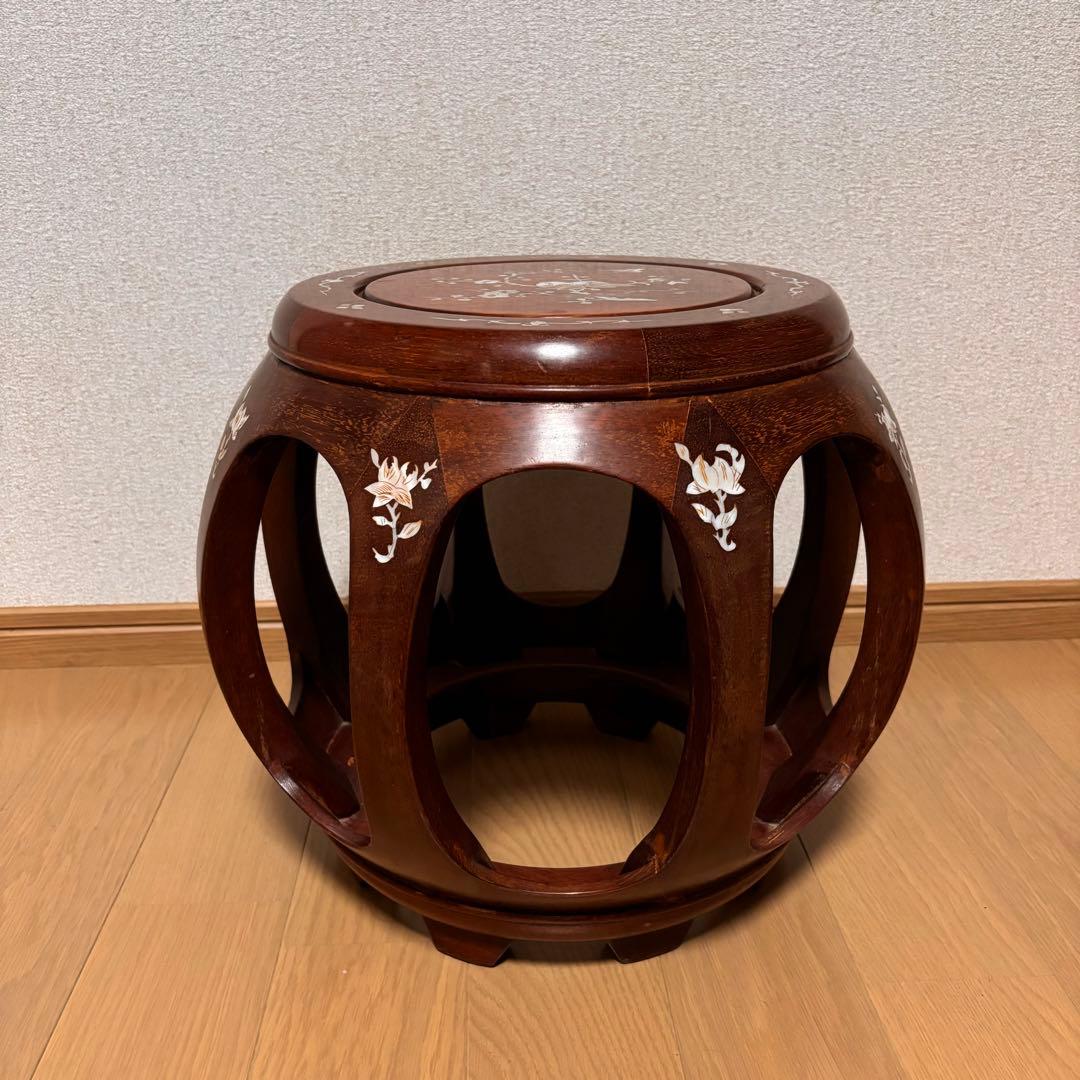 美品】花梨 無垢 螺鈿細工 丸椅子 スツール 腰掛け 中国美術 工芸品美
