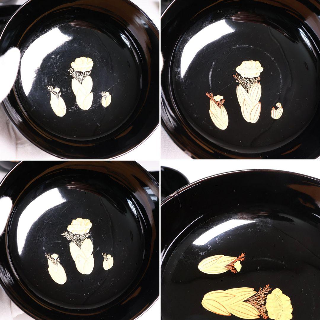 CM416】訳あり 天然木漆塗 月と梅 福寿草 金蒔絵 黒塗椀 五客 大正昭和