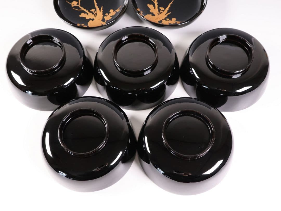 CM416】訳あり 天然木漆塗 月と梅 福寿草 金蒔絵 黒塗椀 五客 大正昭和