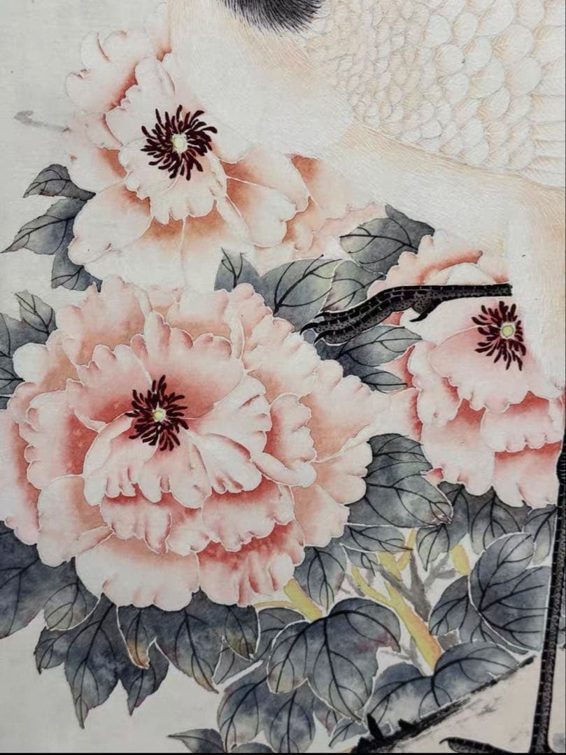 沈銓「牡丹双鶴図」大四尺 中堂掛軸　宣紙 手工表装　180×69cm