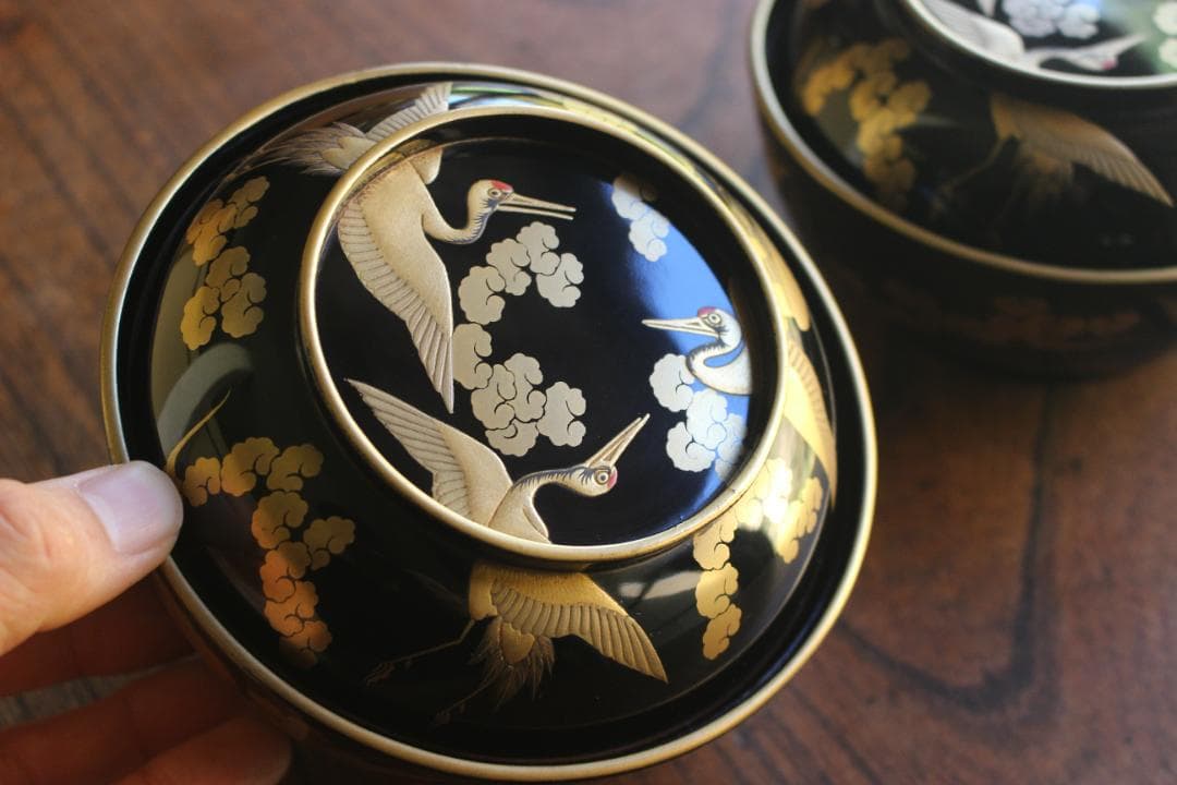 時代逸品！時代金縁黒漆に極上雲鶴蒔絵の映える煮物椀2