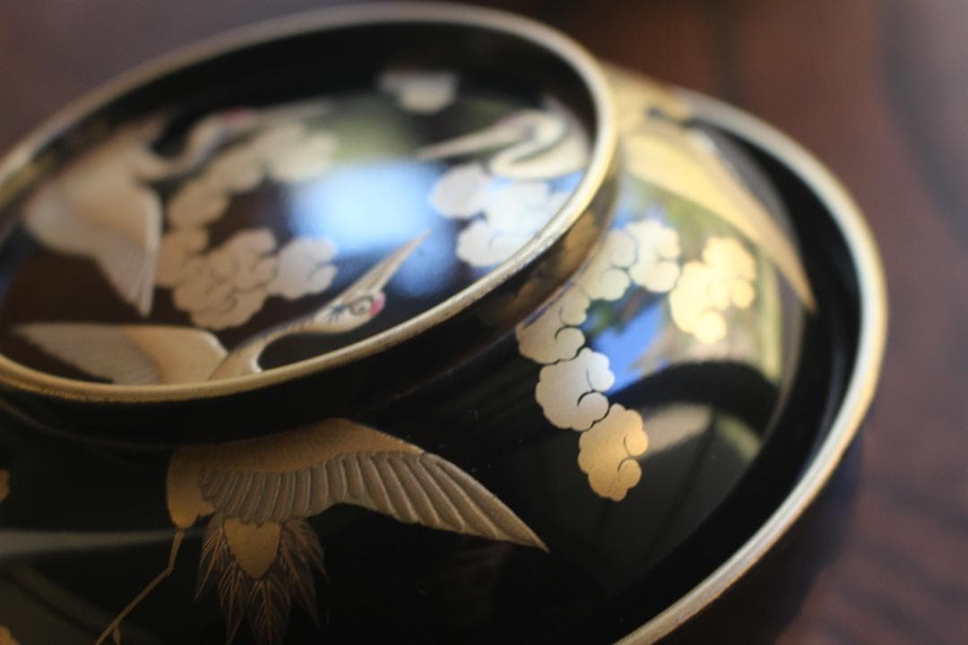 時代逸品！時代金縁黒漆に極上雲鶴蒔絵の映える煮物椀2