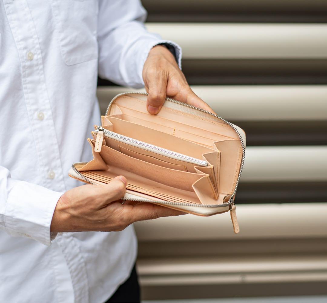 メンズ 本革 フルレザー 長財布 ラウンドファスナー 生成り ハンドメイド
