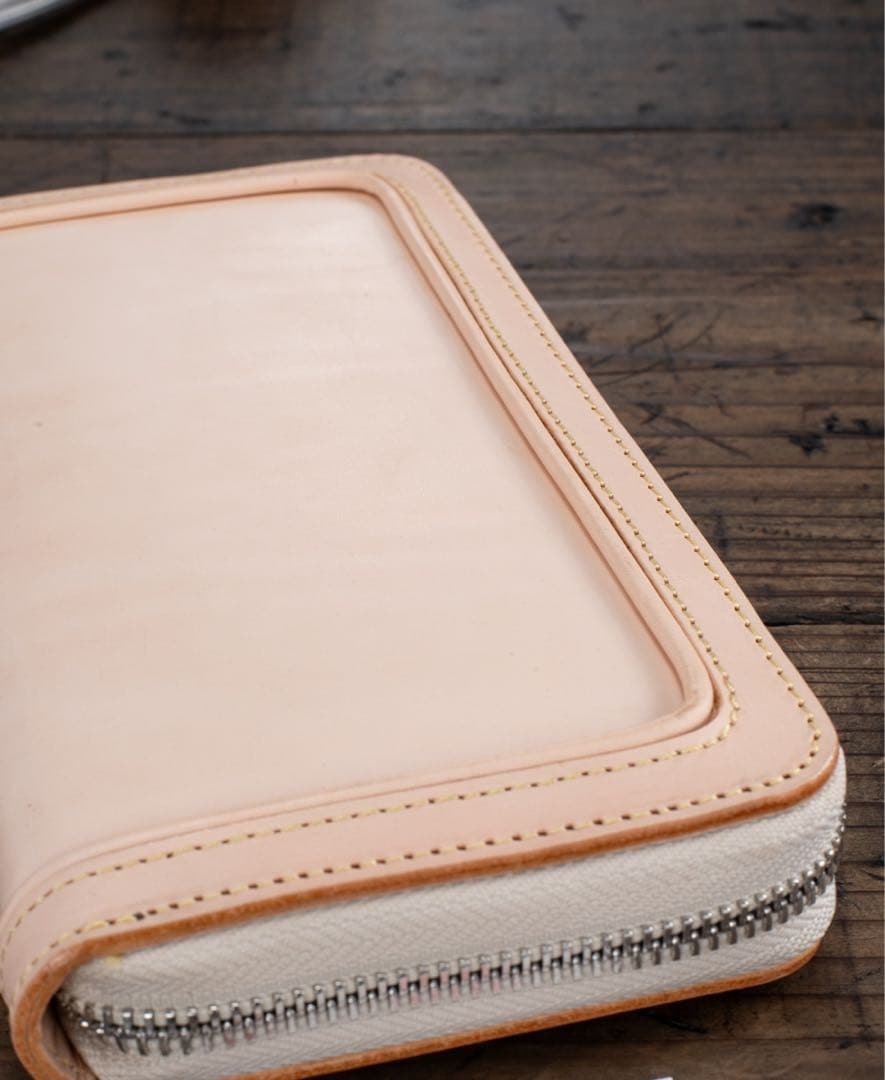 メンズ 本革 フルレザー 長財布 ラウンドファスナー 生成り ハンドメイド