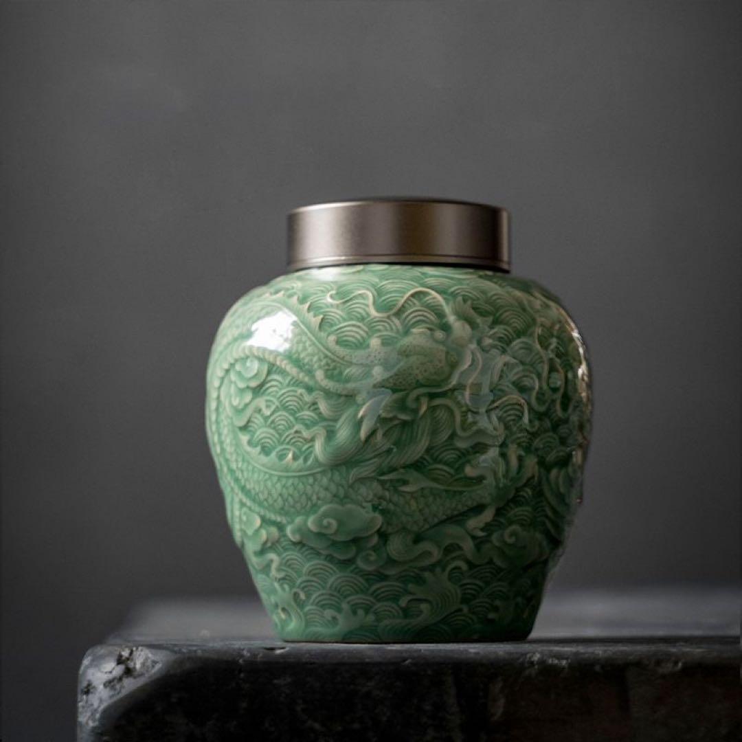 新品未使用　中国美術　茶筒　茶器　茶入れ　青磁　茶道具　龍鳳紋　置物