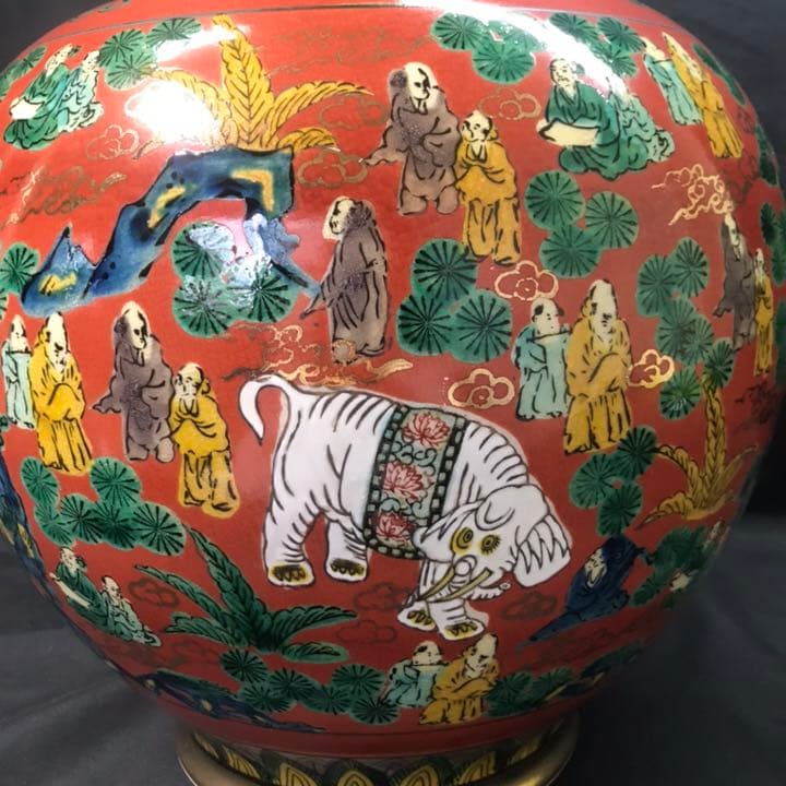 0504]九谷焼 コレクション 九谷木米 花瓶 壺 赤絵人物像図 青木木米