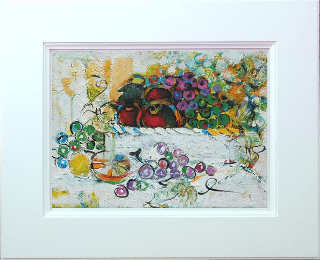 油絵 菅家令子 絵画インテリア額付(青緑＋金色の枠) uF6-060210果物