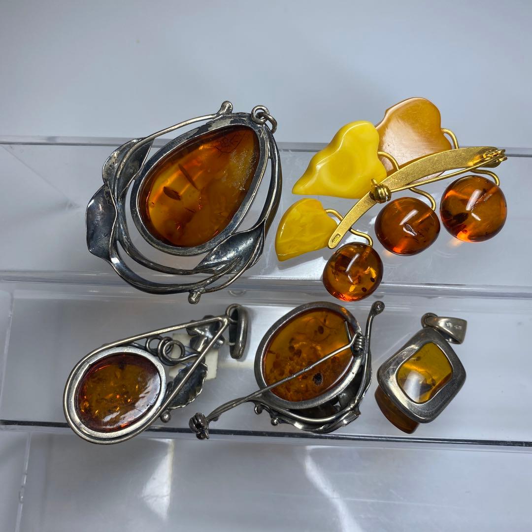 本蝋琥珀ブローチ 925刻印 本琥珀ブローチ5点 タエチ 50g