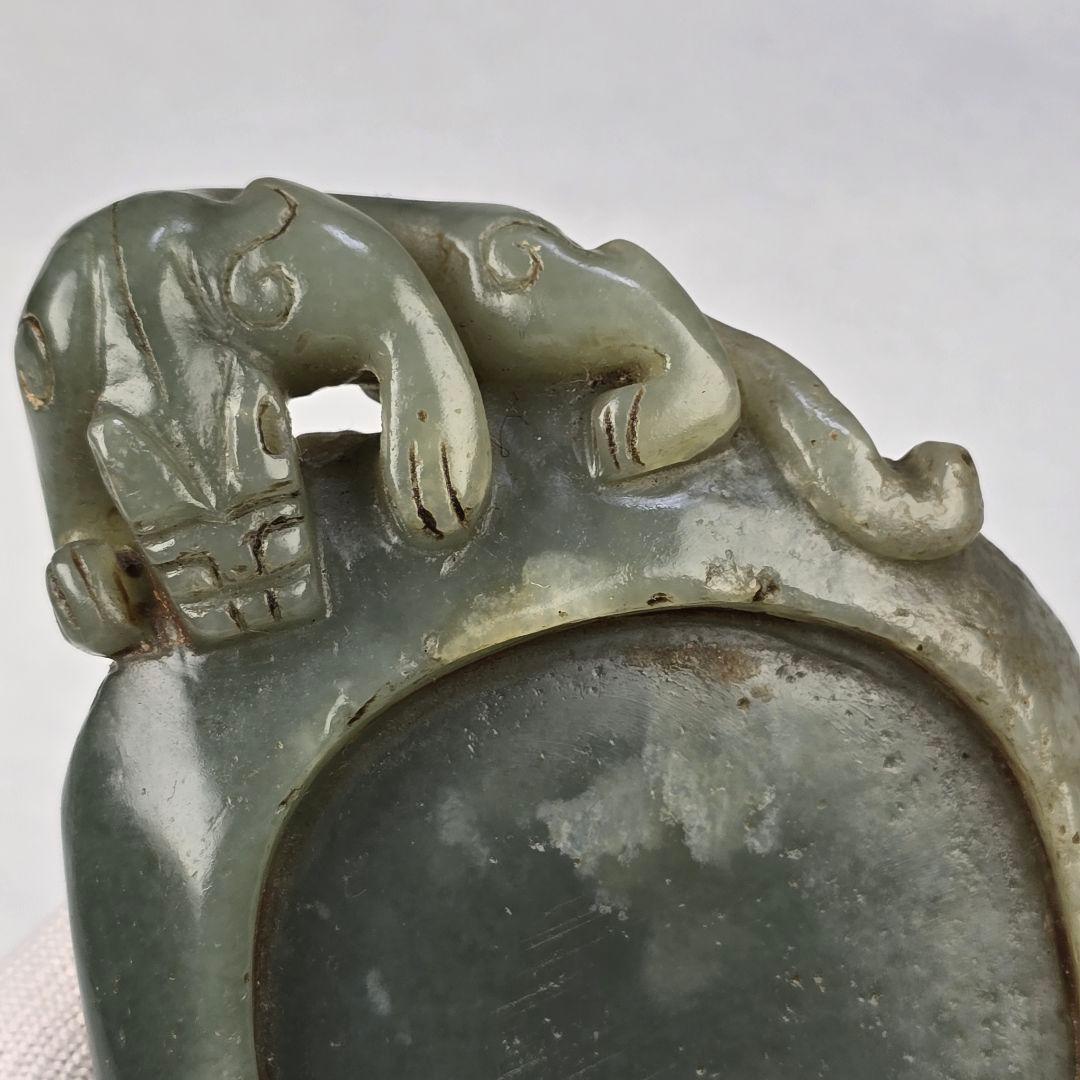 古文房具 本物和田玉 原石 手彫 清代 蟠螭出郭紋 筆