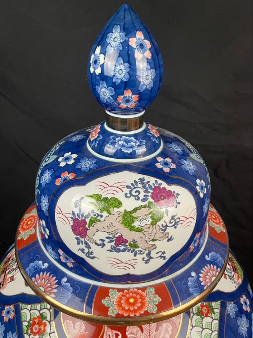 有田焼 金龍堂 博山作 特大沈香壺 落款付 花鳥図 獅子 雉 唐草