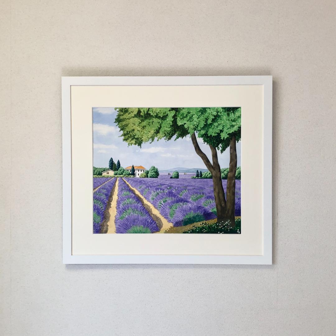 透明水彩画　原画　「ラベンダー・遥かなる大地」額縁付　F10サイズ　風景画