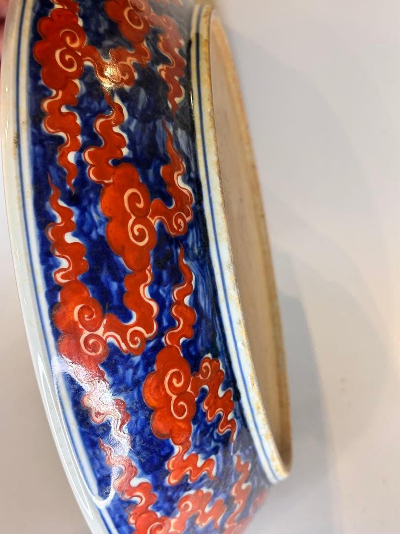 大明宣徳年製 赤龍海浪文 大皿 厚胎 重量感あり 時代物