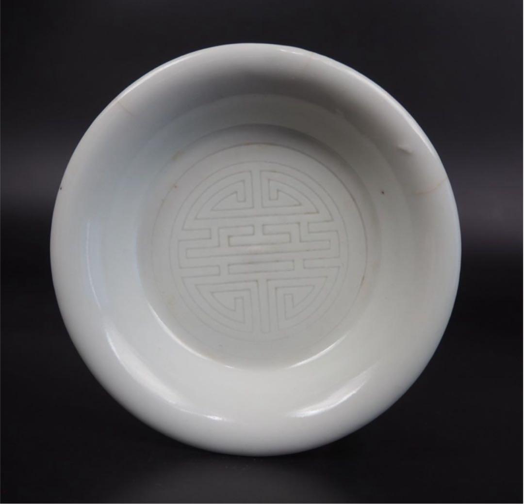 送料無料 清時代　南京白磁陰刻双喜小皿5枚　中国古玩