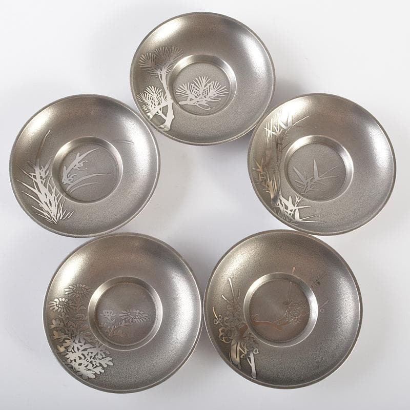 煎茶道具　本錫製　乾茂號造　四君子文　茶壷　急須　茶托　茶器　桐箱　FR6364