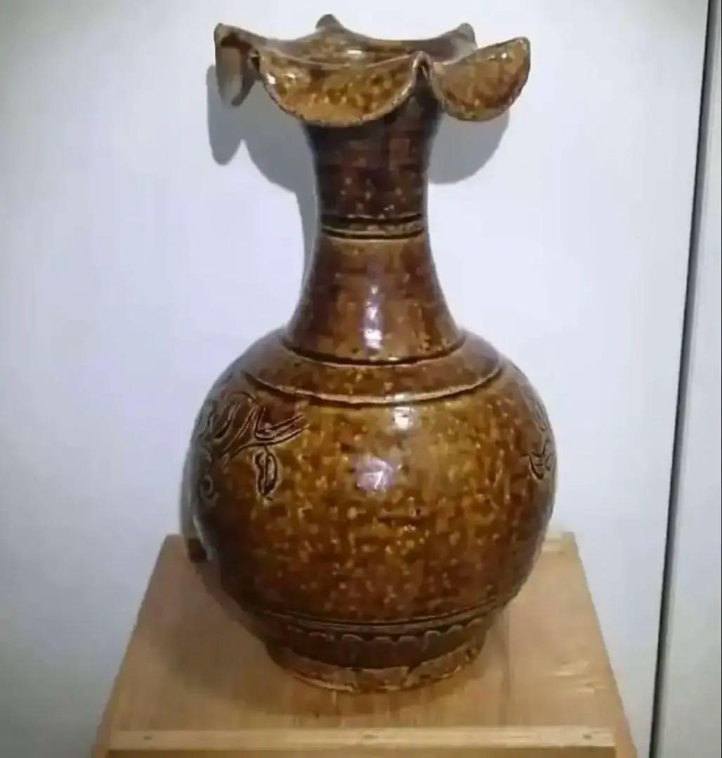 No.6中国 骨董品 南宋 飴釉磁州窯 百合口牡丹紋瓶 。