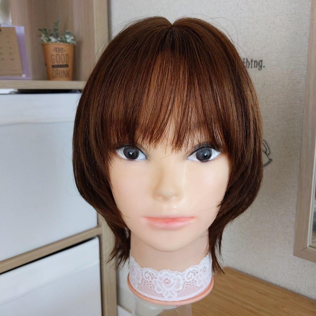 ★サラサラ人毛100%ウイッグ★ショートウルフ　ブラウン　人毛ウイッグ　 かつら