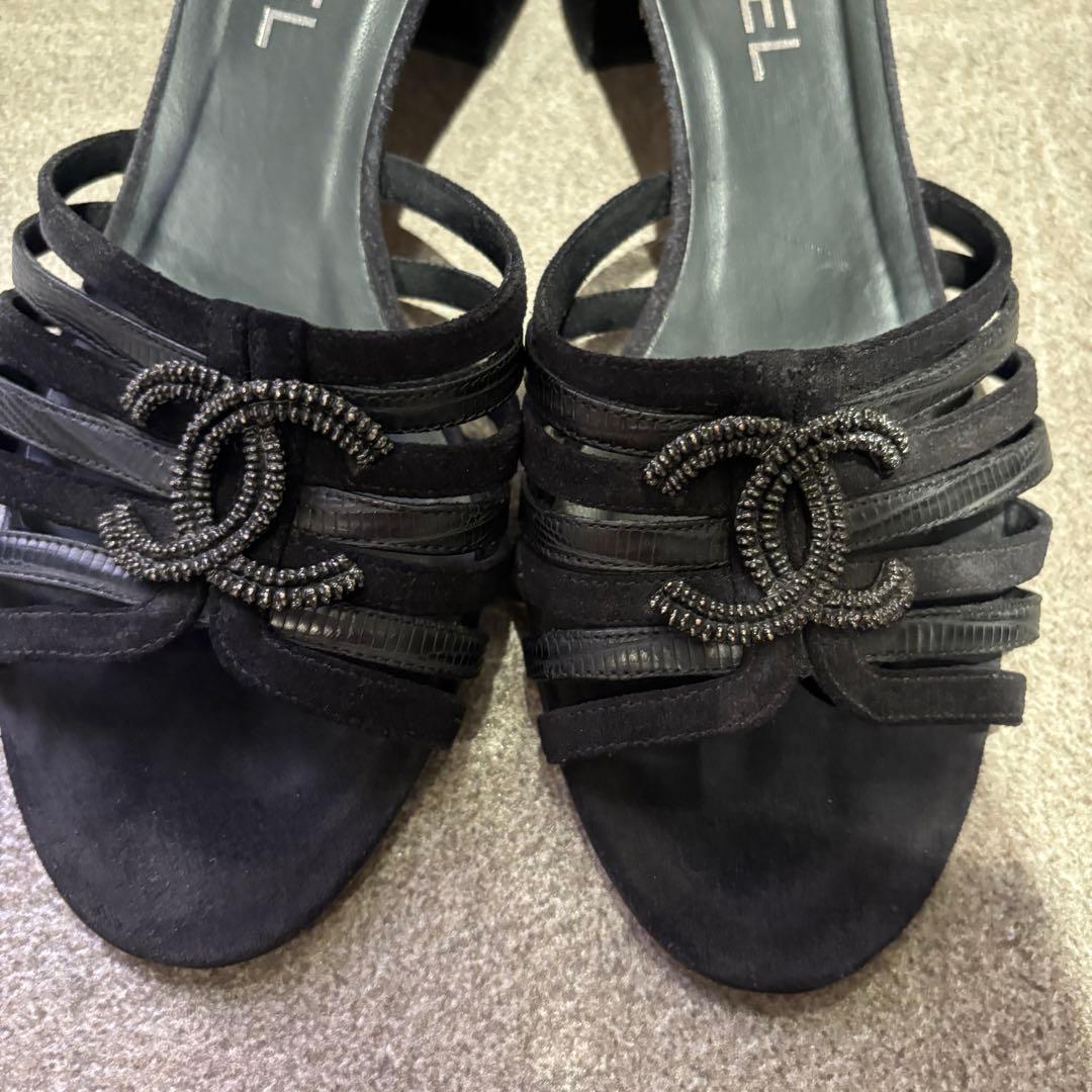CHANEL ココマーク ミュールサンダル 黒 スエード レザー　38