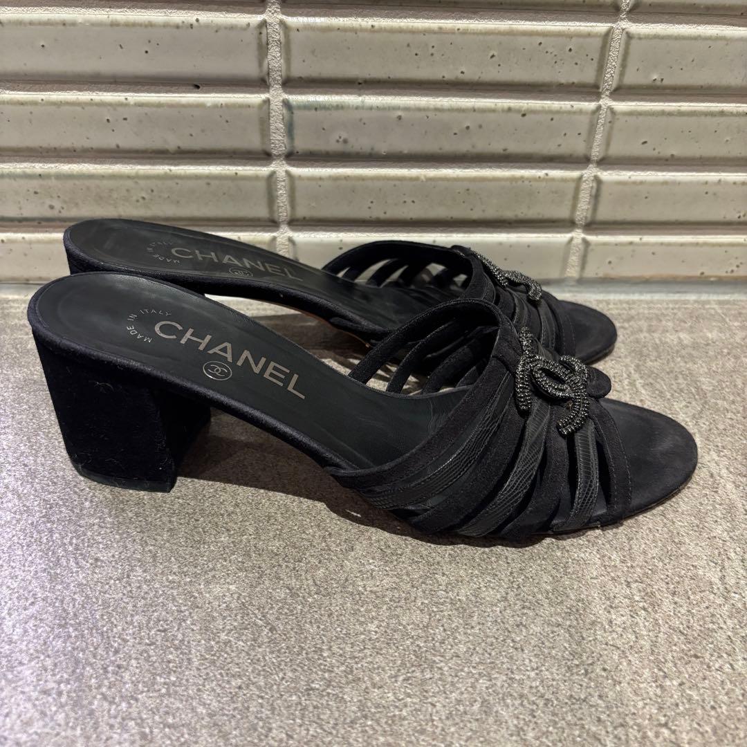 CHANEL ココマーク ミュールサンダル 黒 スエード レザー　38