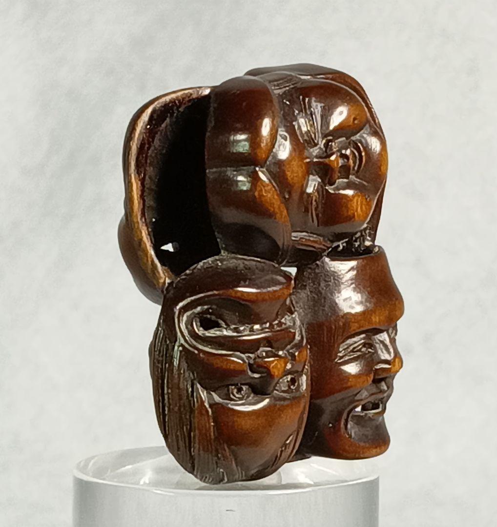 柘植彫 根付 能面尽くし 「おかめ 鬼 猩々 他六面 」 江戸時代｜