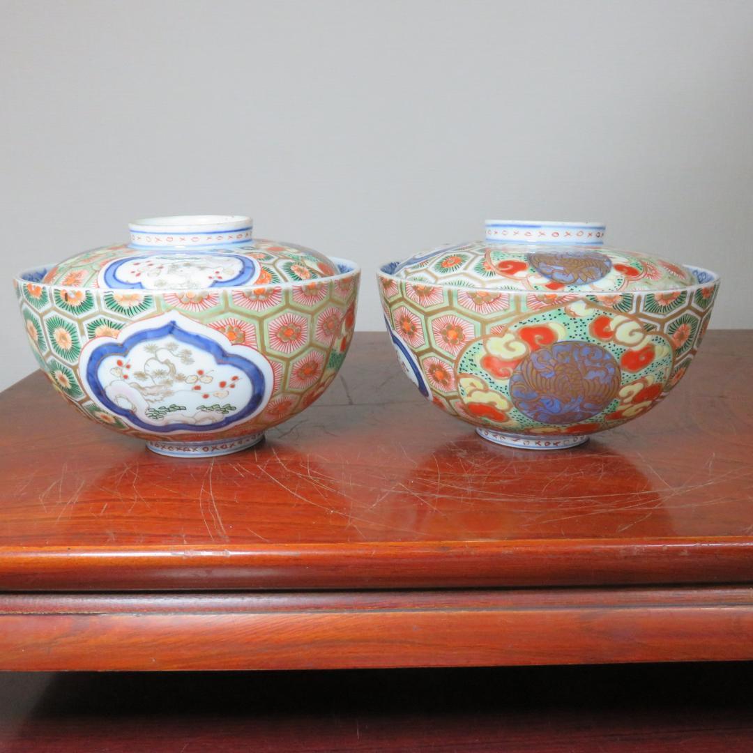 蓋物 ペア 色絵付 錦蒸し茶碗 金彩 古伊万里 蔵出し 初荷 B