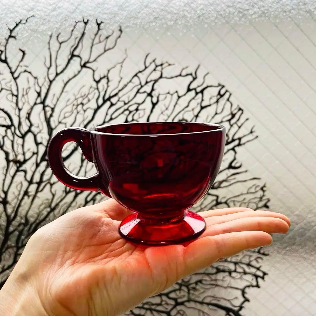 骨董 時代ガラス 希少緋色 朱赤 赤胴 取手付き アイスクリームコップ