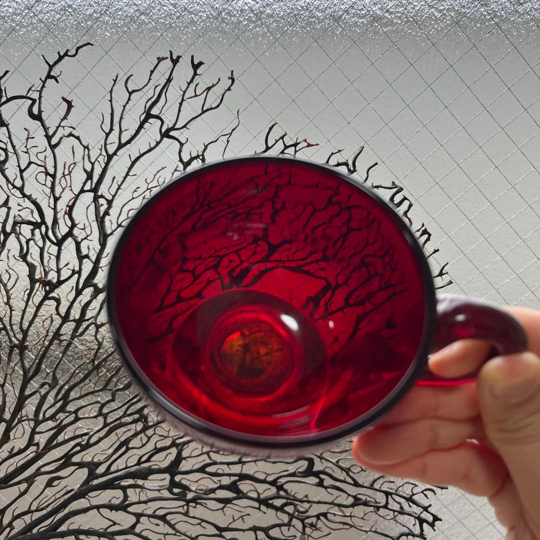 骨董 時代ガラス 希少緋色 朱赤 赤胴 取手付き アイスクリームコップ