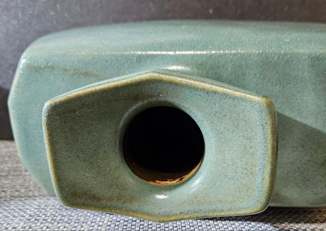 益子民藝 益子焼 名工 明石庄作 造 緑釉 扁壺 大作 師】人間国宝