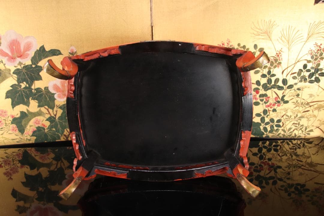 仏教美術 時代物 朱塗 真鍮金具飾付 春日卓 巾34.2㎝ BE787