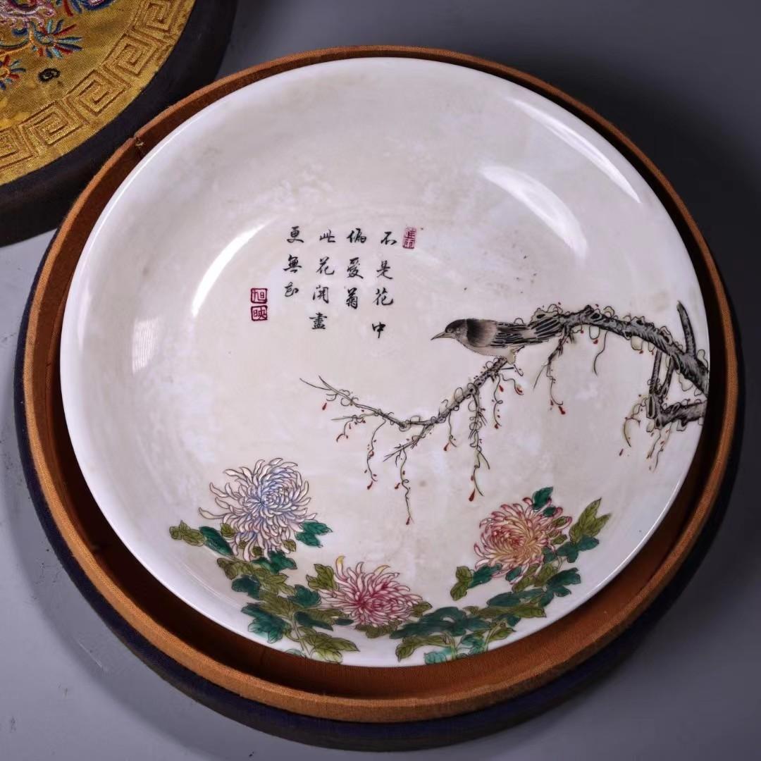 中国古美術・珍蔵粉彩・花鳥彩絵磁器の中皿・純手描き・箱付・