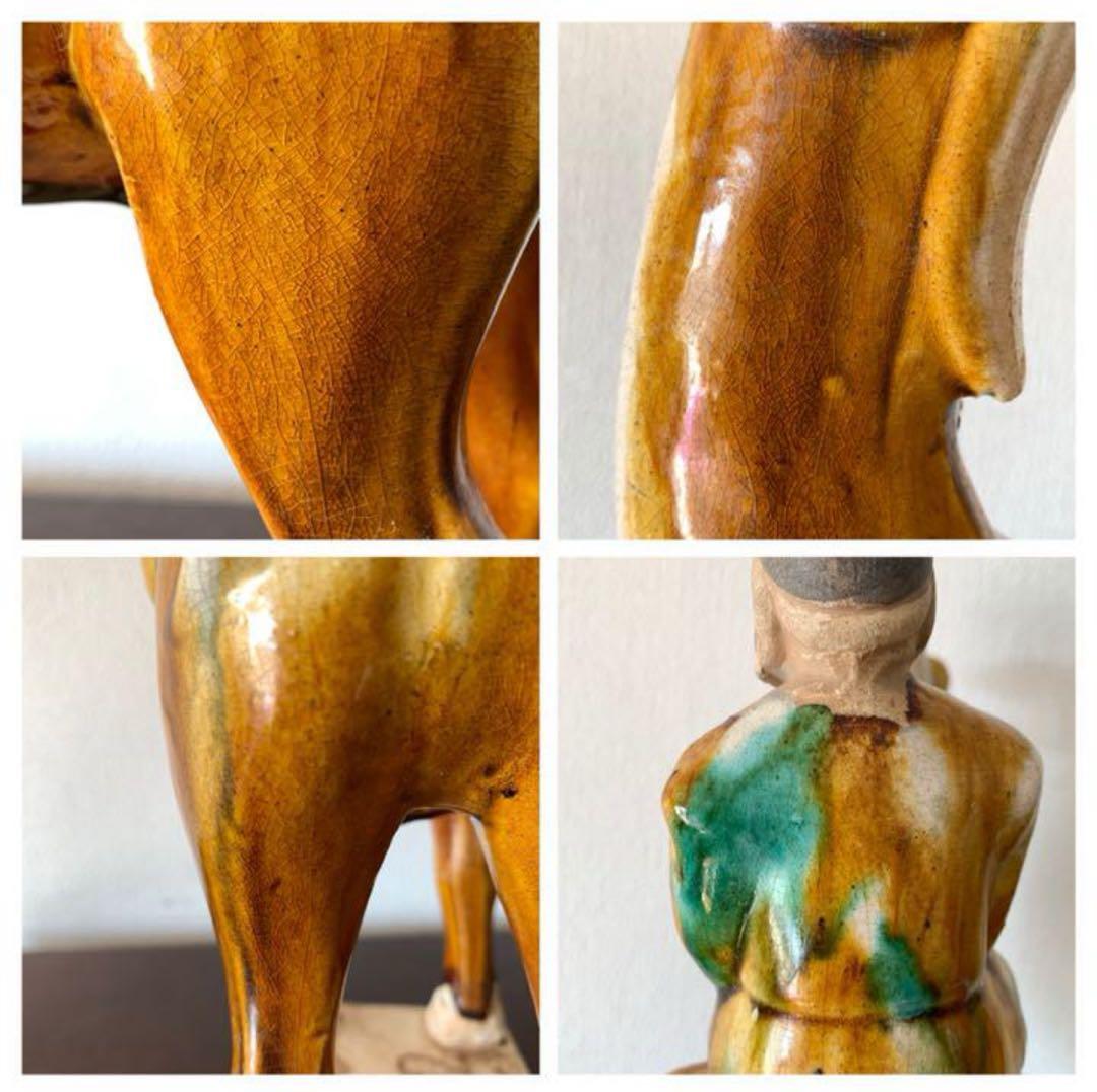 中国　唐時代　古美術 唐三彩駱駝上人物像共 箱、共布付き