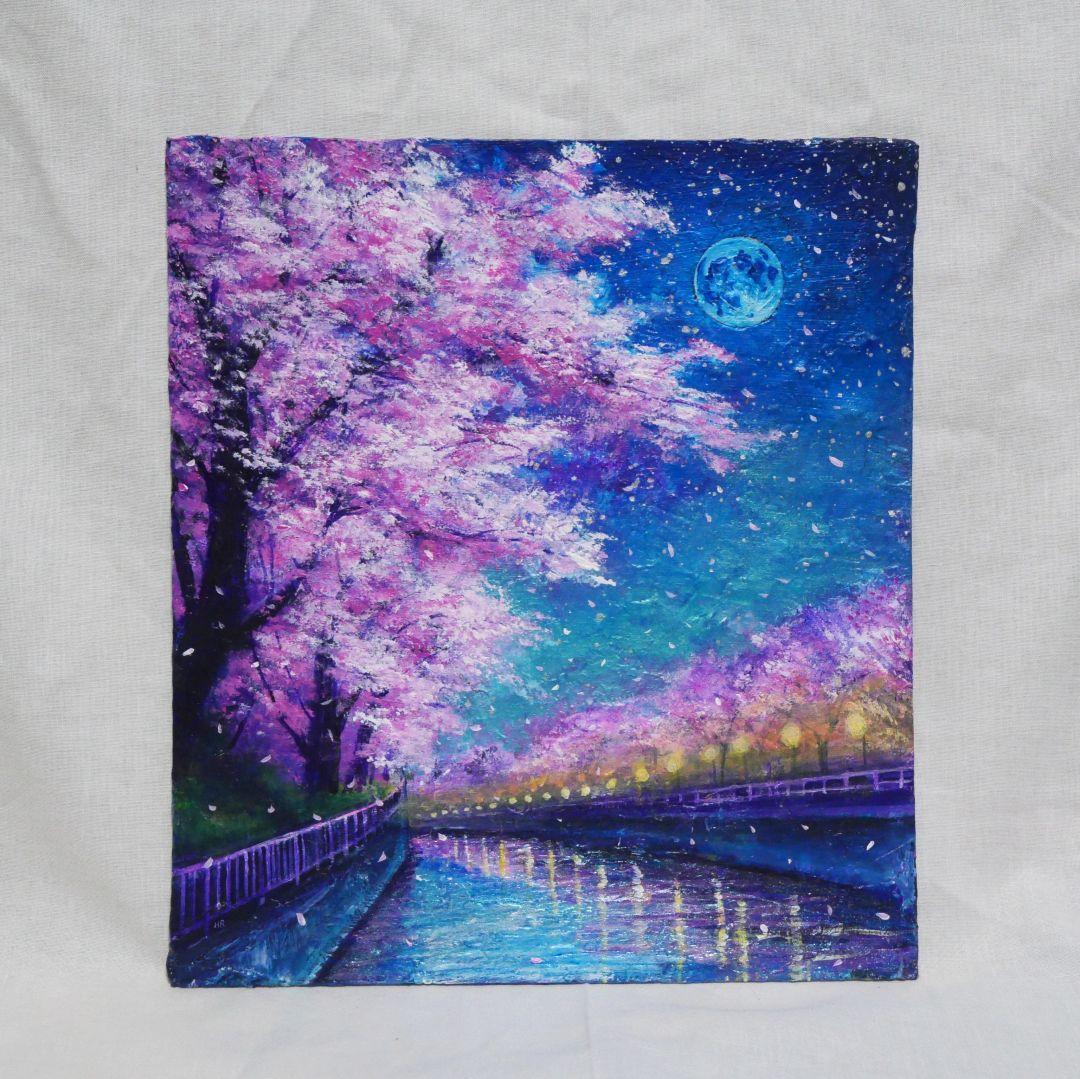 油絵 油彩 油彩画 絵画 絵【青い満月の夜桜】