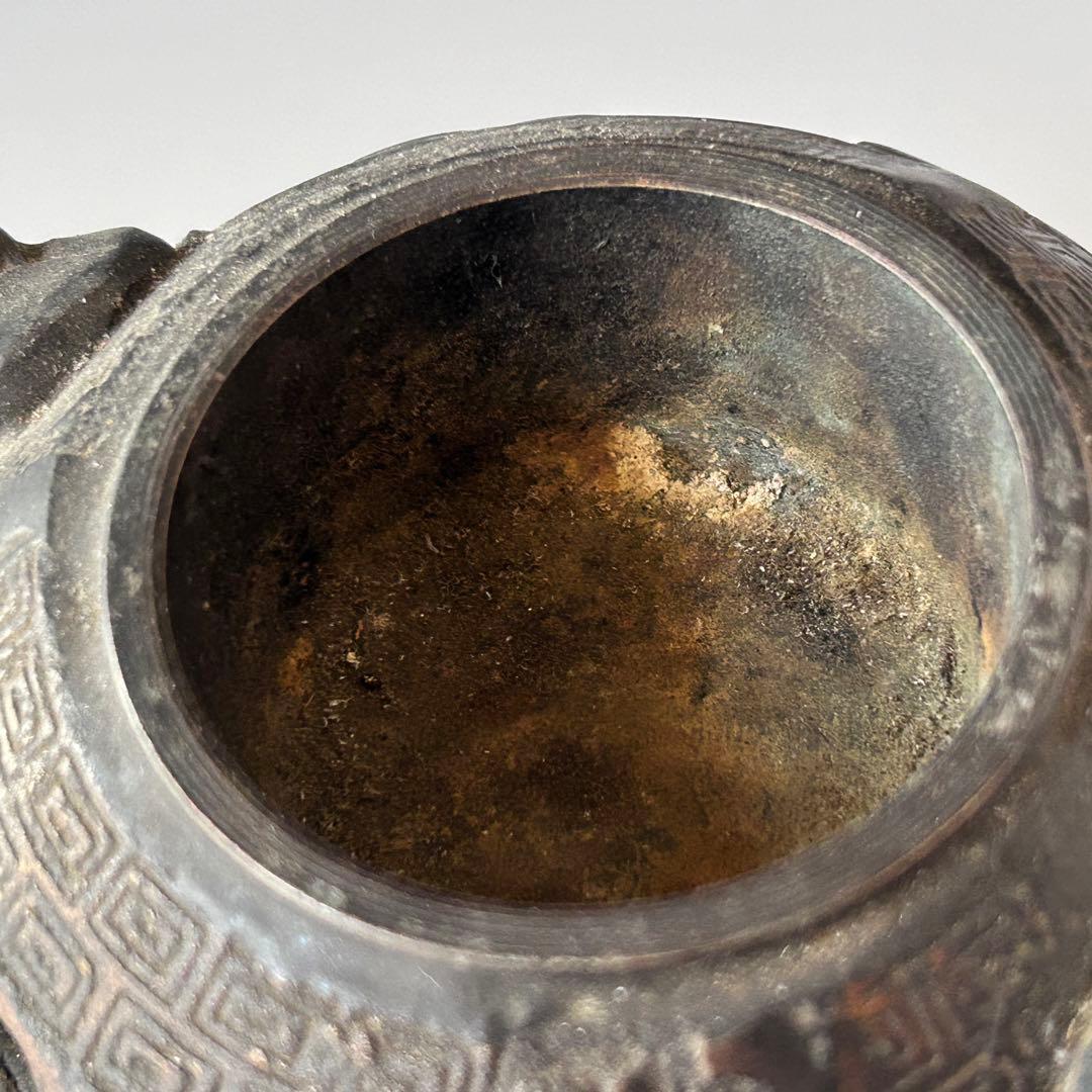 時代　唐銅　透かし　香炉　獅子摘み　遊環　骨董　アンティーク　古玩　工芸