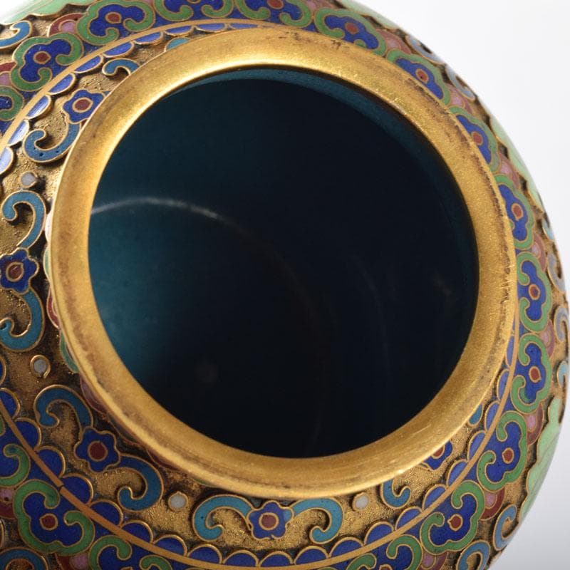 中国 古七宝琺瑯彩 獅子摘 花草文瓶 蓋壷 唐木台付 一