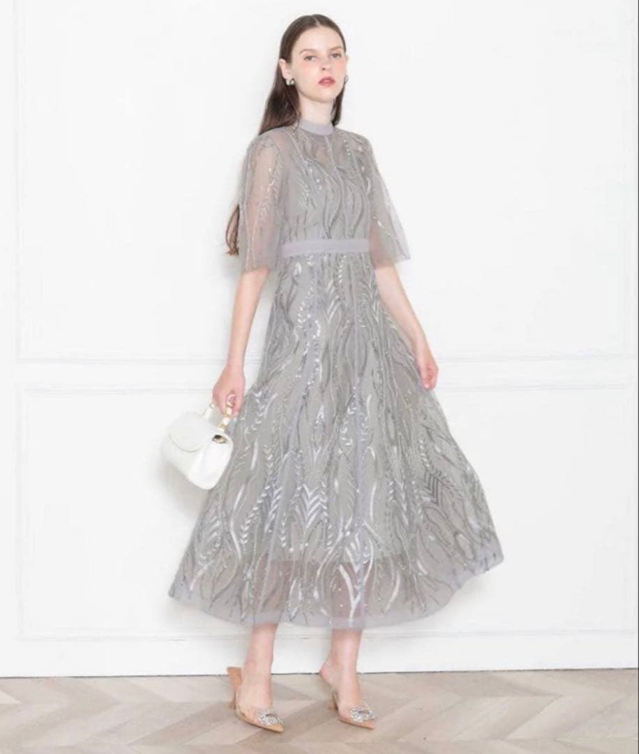 leja オケージョン　シースルーパーティードレス グレー　ドレス leja グレー 刺繍 シースルー パーティードレス Leja グレー