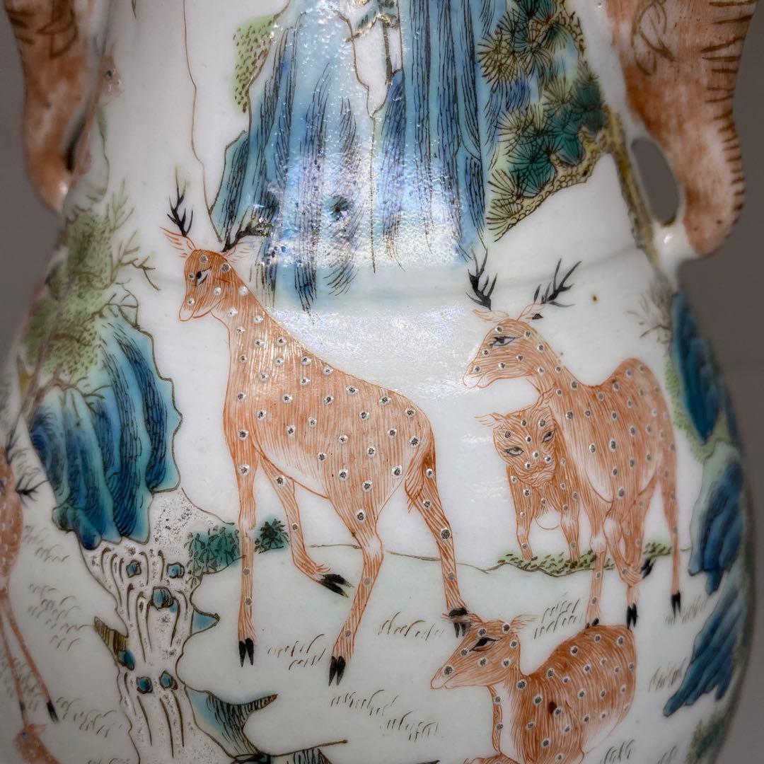 専用　中国清時代大清乾隆年製粉彩鹿の図花瓶　高さ21.3㎝東Y7-0314☆2F