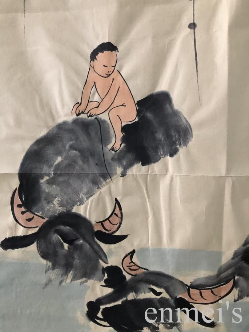 中国古美術・純手描き牧牛図三尺画芯・水墨画・李可染印款・書道