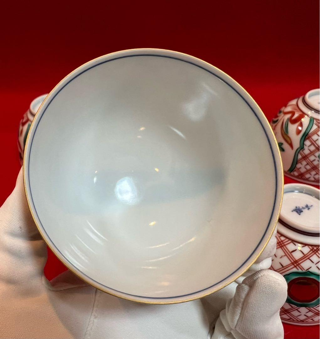 京焼 清水焼 薄胎 赤絵貼金 汲出碗揃五客 陵泉造　茶道具